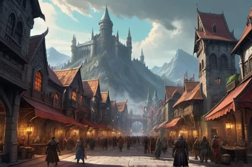 Prompt: Huge Faerun CityLandscape with dramatic lighting, human city, Dnd monsters who kill inhabitans, bright vibrant colors, high quality, game-rpg style, epic high fantasy, traditional art, bright lighting, fascinating, high quality details, atmospheric lighting, highres, fantasy, immersive, 