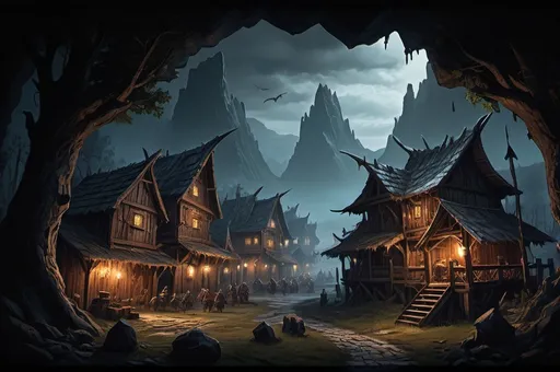 Prompt: Huge Faerun Wooden Landscape with dramatic lighting, human village, Dnd monsters who fight against adventurers, dark vibrant colors, high quality, game-rpg style, epic high fantasy, traditional art, dramatic dark lighting, fascinating, high quality details, in a murky background, atmospheric lighting, highres, fantasy,  immersive, mysterious, moody atmosphere, goblins are doing raid