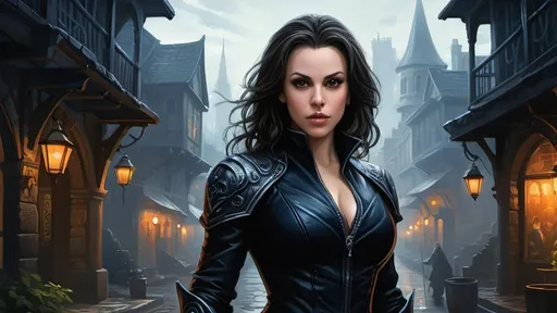 Prompt: Detailed DnD fantasy art of a pretty heroic female dnd Assassin, Alyssa Milano facial twin urgent, stunning facial traits, Alyssa Milano slender body twin, black eyes, thick long tousled darkbrown hair, small cleavage, slender body, traditional detailed oil painting, intricate small black in black leather armor,  detailed black belts, dramatic lighting, dark vibrant colors, high quality, game-rpg style, epic high fantasy, traditional art, detailed black leather armor, dramatic dark lighting, heroic assassin, fascinating, high quality details, Dagger in the hand in  a Huge very detailed DnD fantasy landscape with a murky city, detailed houses and taverns, atmospheric lighting, highres, fantasy, detailed architecture, immersive, murky tones, medieval, mysterious, foggy, bustling city, detailed alleys, ancient buildings, moody atmosphere