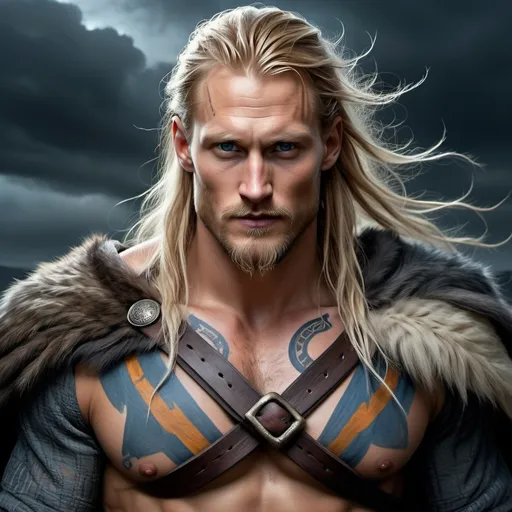 Prompt: Alexander Skarsgard, Detailed DnD fantasy art of a male Viking,  many thick long tousled blonde hair with undercut, nordic facial tattoos, full-bearded, traditional detailed painting, oil painting, detailed black belts, murky lighting, dark vibrant colors, high quality, game-rpg style, epic high fantasy, traditional art,  dramatic gloomy lighting, heroic Viking, fascinating, dark vibrant colors, high quality details,clothes with intricate nordic details, high quality detailed stormy and dramatic atmosphere, fierce expression, dynamic pose, Nordic runes, moody lighting