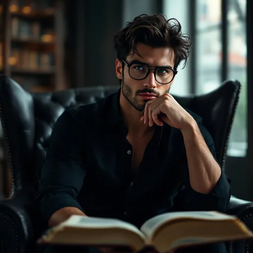 Prompt: In a dimly lit library, a striking young man sits in a plush, dark leather armchair, exuding an air of sophistication and intellect. His tousled dark hair frames a chiseled face, accentuated by sharp cheekbones and full lips, while large glasses enhance his piercing blue eyes, which seem to invite curiosity. Dressed in a sleek black shirt, he thoughtfully rests his chin on his hand, hinting at a contemplative mood as he leafs through an ornate book, its pages hinting at stories untold. The rich, warm tones of the room contrast with the cool light filtering through tall windows, creating an ambiance of quiet elegance and allure, perfectly capturing a moment of introspective charm.