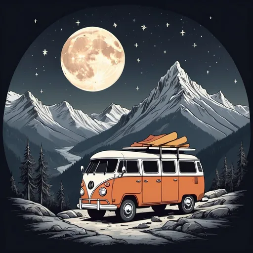 Prompt: an old camper van with a camp fire nestled in some mountains with the moon and stars in a graphic style