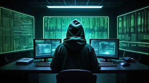 Prompt: A 16:9 high-resolution image depicting a high-tech hacking scene. The image should feature a dark, futuristic room illuminated by the glow of multiple computer screens displaying streams of green and blue code, including snippets of programming languages like Python, JavaScript, and C++. Include a hacker in a hoodie typing on a keyboard, surrounded by holographic displays of security alerts, encrypted data, and digital keys. The background should have a matrix of binary code, circuit patterns, and neon accents, creating a dynamic and intense cyber atmosphere