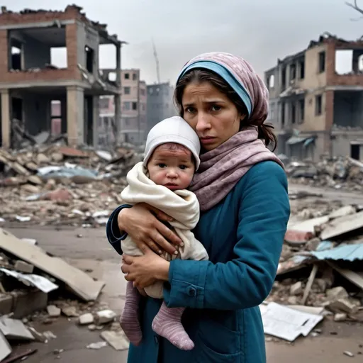 Prompt: A woman with her dead baby between her hands in a background filled with destroyed buildings. The woman is wearing a scarf on her head. The weather is gloomy, she is very depressed.