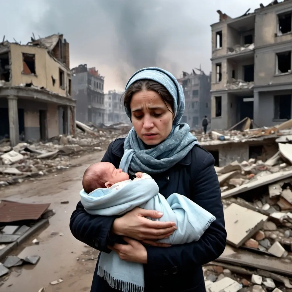 Prompt: A woman with her dead baby between her hands in a background filled with destroyed buildings. The woman is wearing a scarf on her head. The weather is gloomy, she is very depressed.