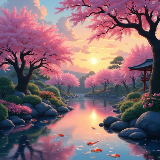 Prompt: Un jardin japonés sereno al atardecer con flores de cerezo flotando en un astanque de koi, pintado al estilo de studio Ghibli.
