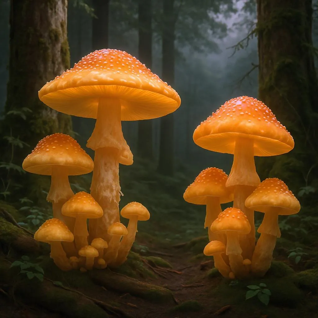 Prompt: una realista de un bosque con  hongos brillantes, en el estilo de fantasia.