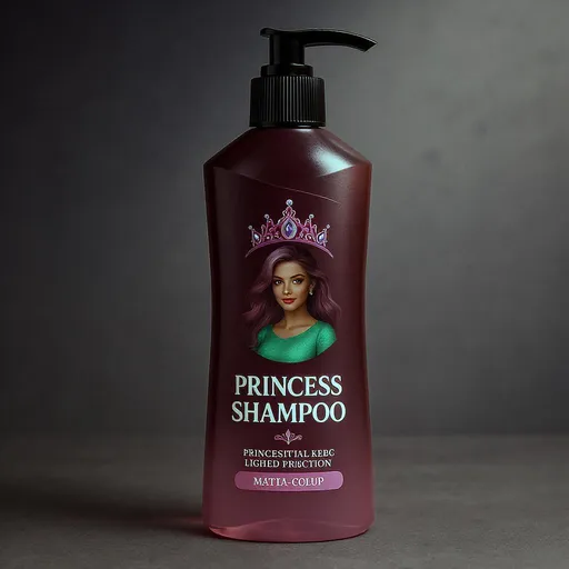 Prompt: "Un mockup de champú de princesa con iluminación de estudio."