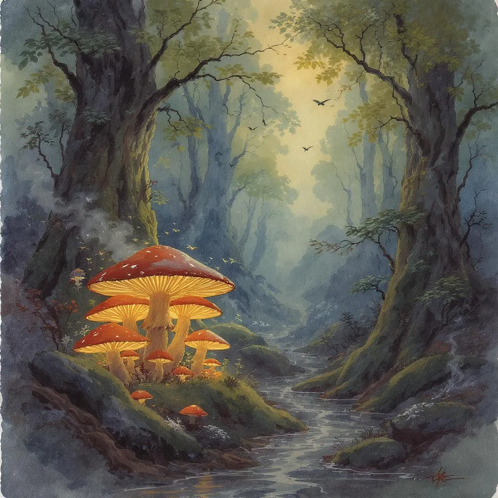 Prompt: una acuarela de un bosque con  hongos brillantes, en el estilo de fantasia.