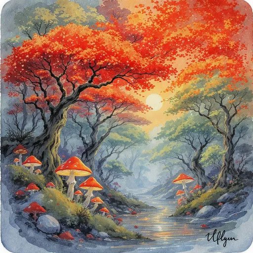 Prompt: una acuarela de un bosque con  hongos brillantes, en el estilo de fantasia.