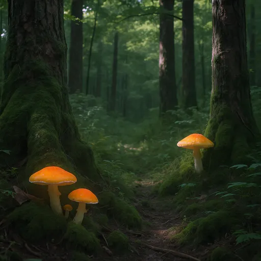 Prompt: una realista de un bosque con  hongos brillantes, en el estilo de fantasia.