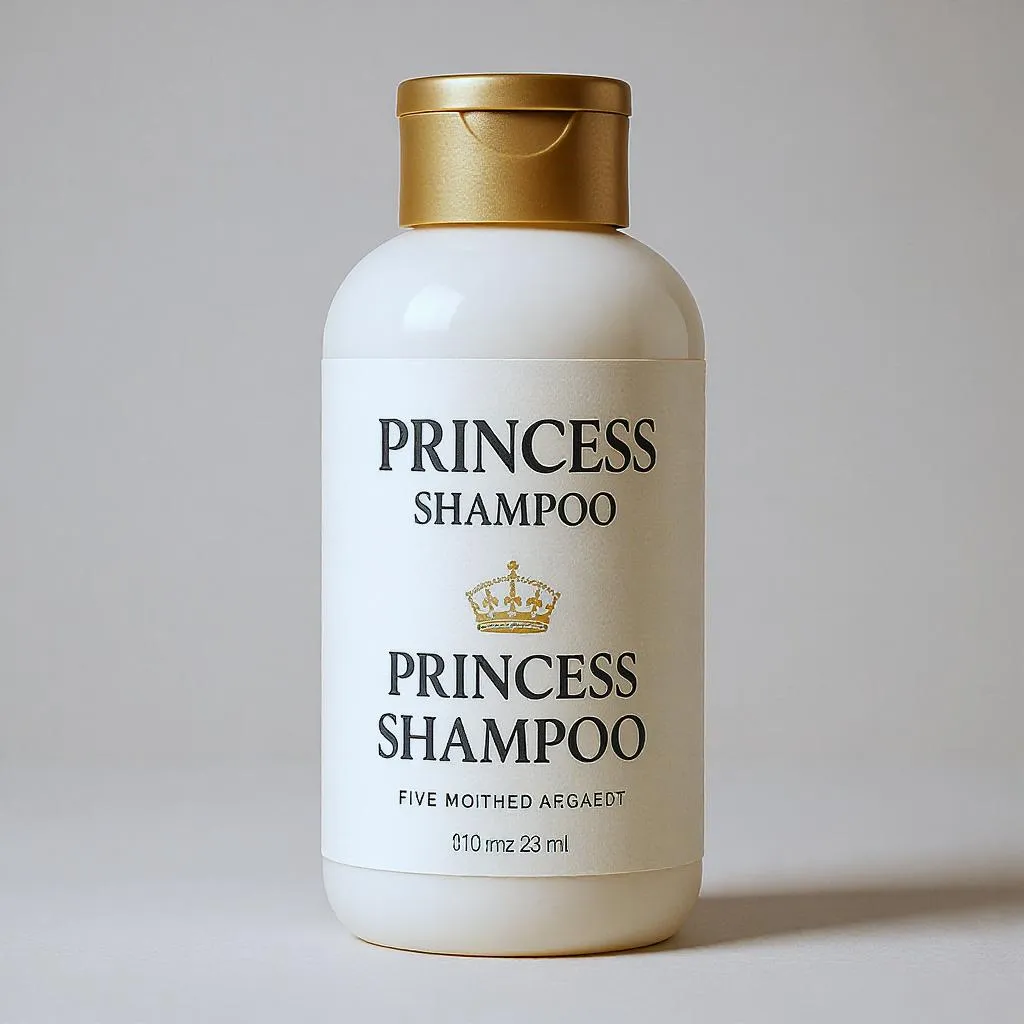 Prompt: "Un mockup de champú de princesa con iluminación de estudio."