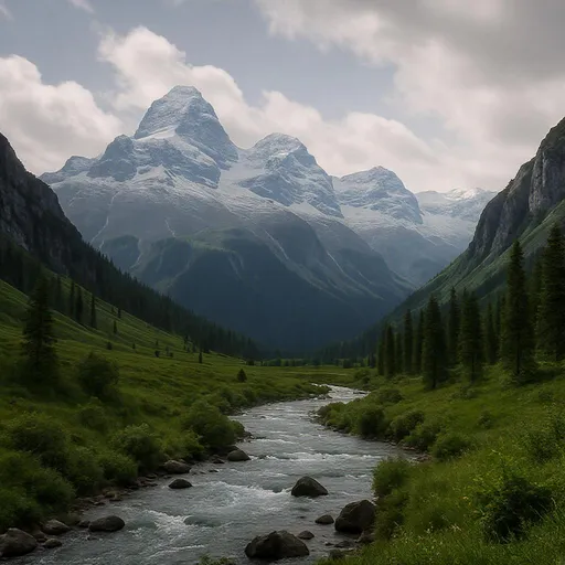 Prompt: "Un paisaje de montañas y ríos, 8k, enfoque nítido."
