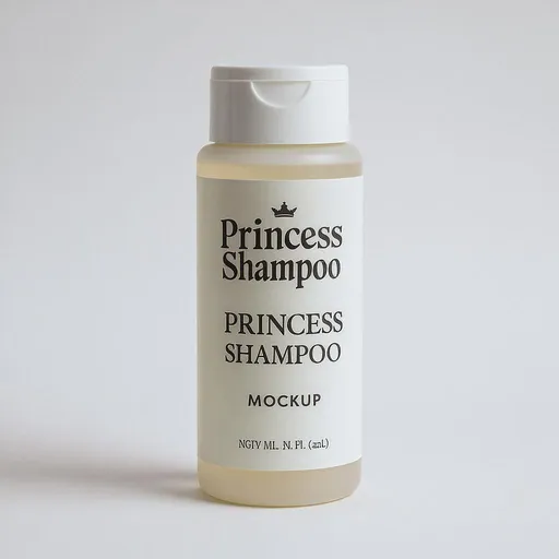 Prompt: "Un mockup de champú de princesa con iluminación de estudio."