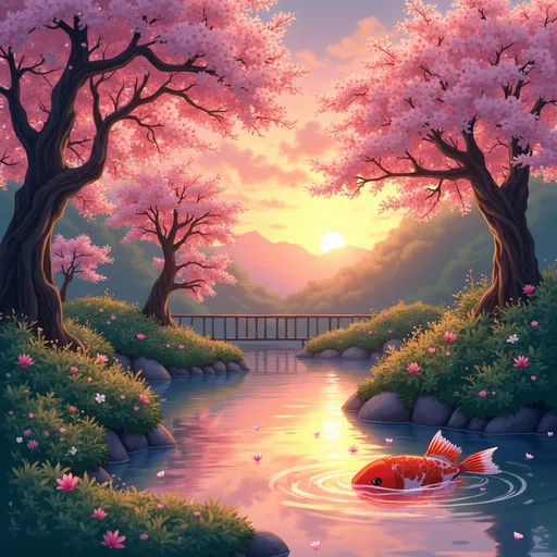 Prompt: Un jardin japonés sereno al atardecer con flores de cerezo flotando en un astanque de koi, pintado al estilo de studio Ghibli.