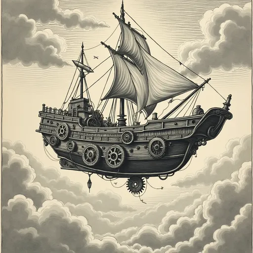 Prompt: Un barco volador inspirado en el steampunk  surcando nubes hechas de engranajes de relojeria  al estilo de un grabado vintage.