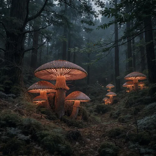 Prompt: una modernismo de un bosque con  hongos brillantes, en el estilo de fantasia.