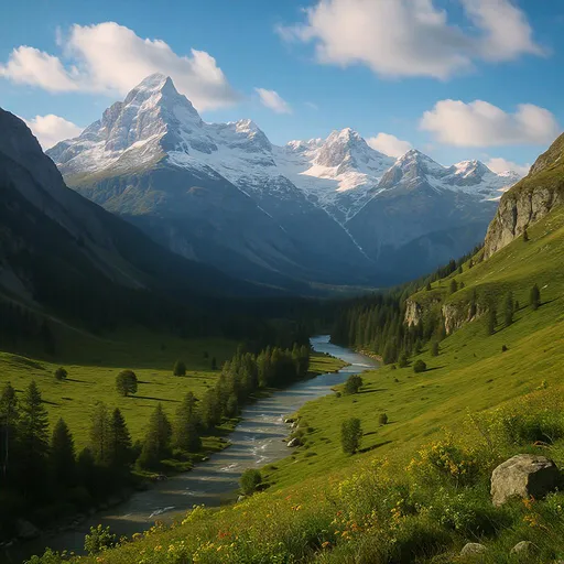 Prompt: "Un paisaje de montañas y ríos, 8k, enfoque nítido."