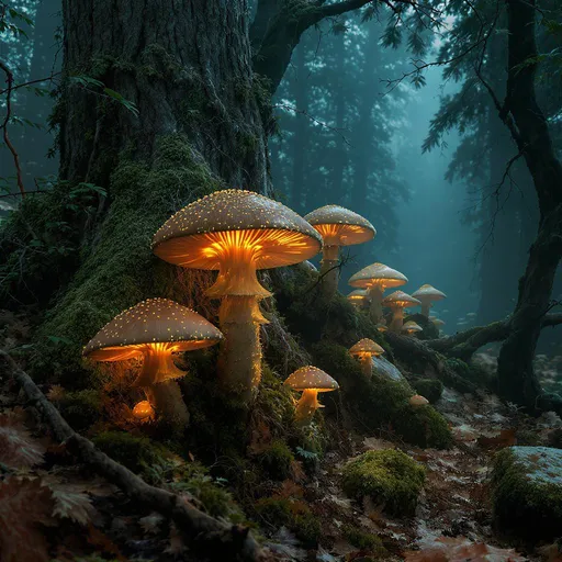Prompt: una hiperrealista de un bosque con  hongos brillantes, en el estilo de fantasia.