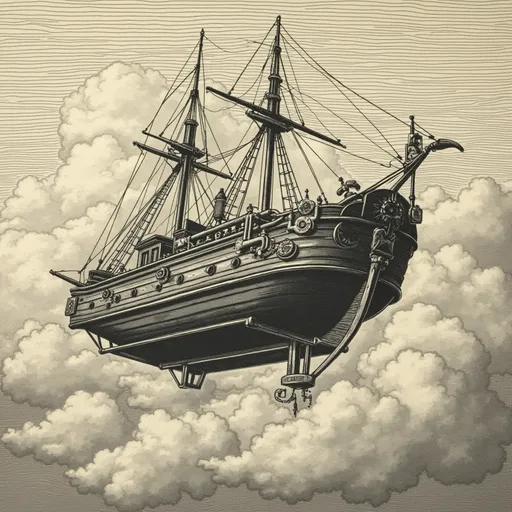 Prompt: Un barco volador inspirado en el steampunk  surcando nubes hechas de engranajes de relojeria  al estilo de un grabado vintage.