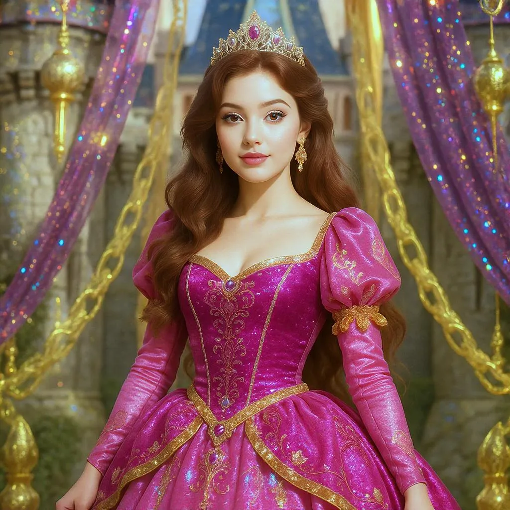 Prompt: Una hermosa princesa con ropa detallada, fondo de castillo con acentos de oro iridiscente."