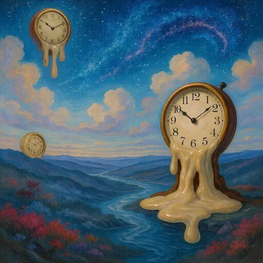 Prompt: " En un estilo surrealista"  con relojes  deretidos y paisaje oniricos."