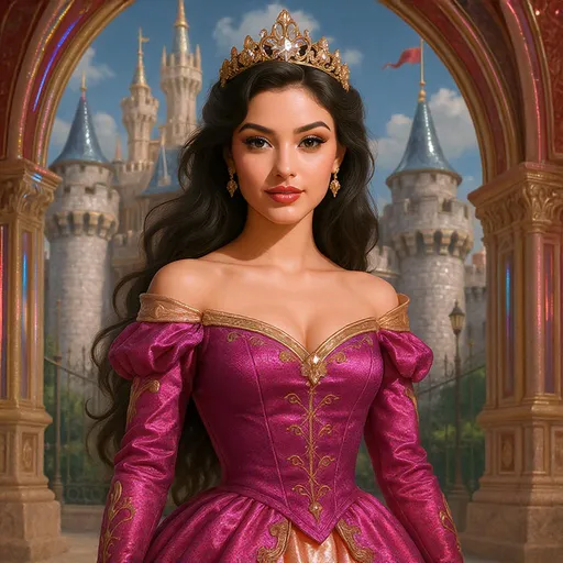 Prompt: Una hermosa princesa con ropa detallada, fondo de castillo con acentos de oro iridiscente."