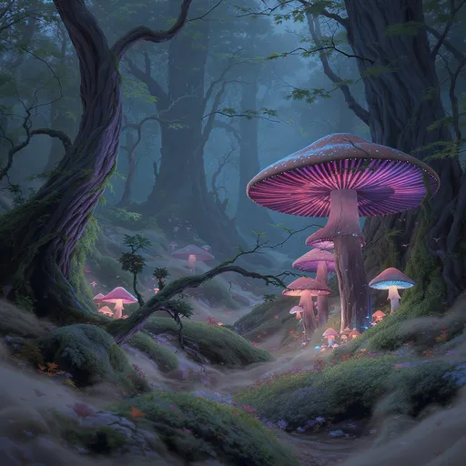 Prompt: una modernismo de un bosque con  hongos brillantes, en el estilo de fantasia.