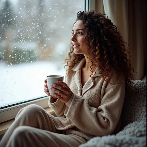 Prompt: Una mujer de pelos risado,  sentada  en pajama  con una taza de cafe, mirando ver la nieves caer