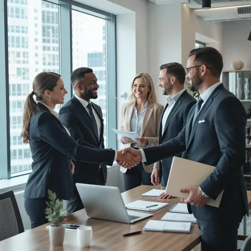 Prompt: Un equipo de negocios dándose la mano en una oficina moderna, Pixabay, foto de stock profesional."