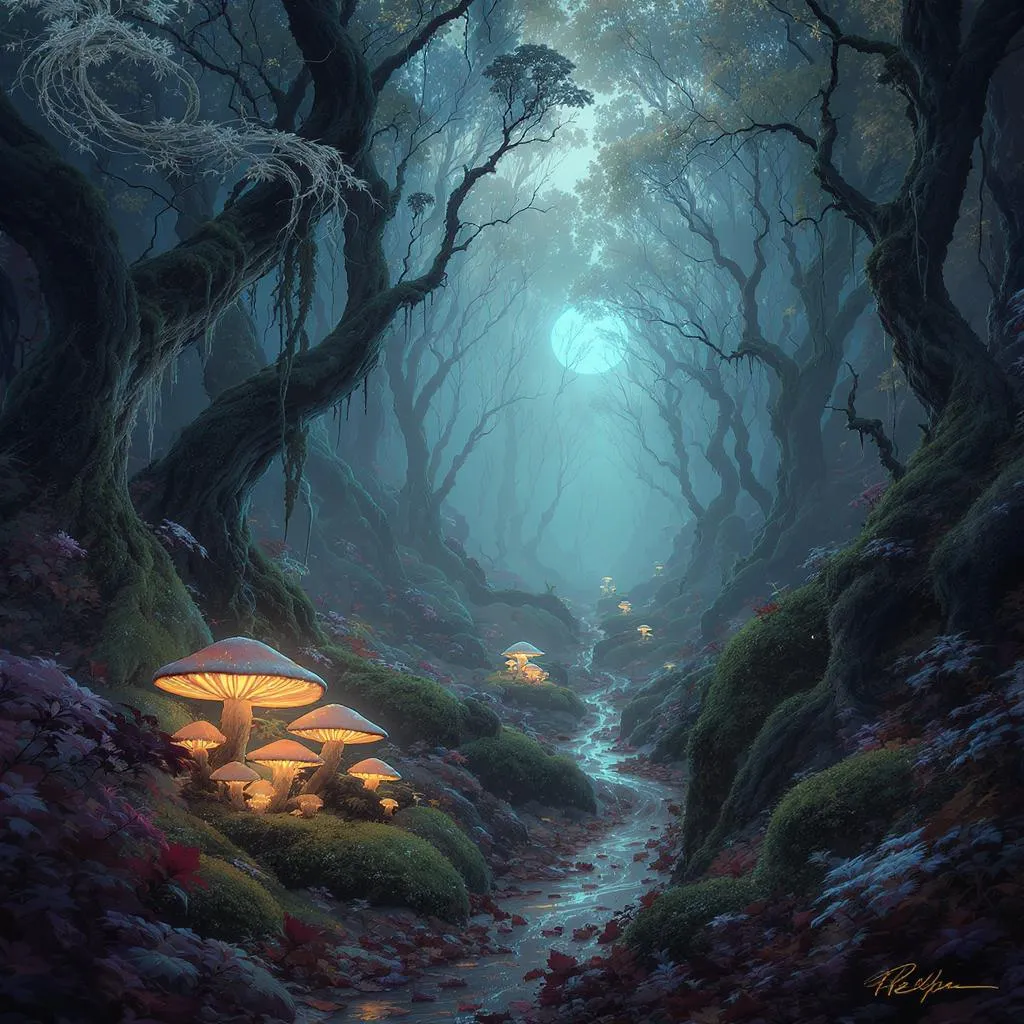 Prompt: una arte nouveau de un bosque con  hongos brillantes, en el estilo de fantasia.