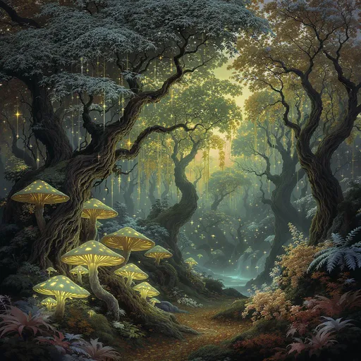 Prompt: una arte nouveau de un bosque con  hongos brillantes, en el estilo de fantasia.
