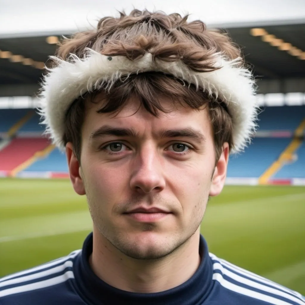 Prompt: Create a profile for social of a Scottish person, who likes football, has bushy hair and looks like someone from an under privileged background. Short hair and wearing a hat