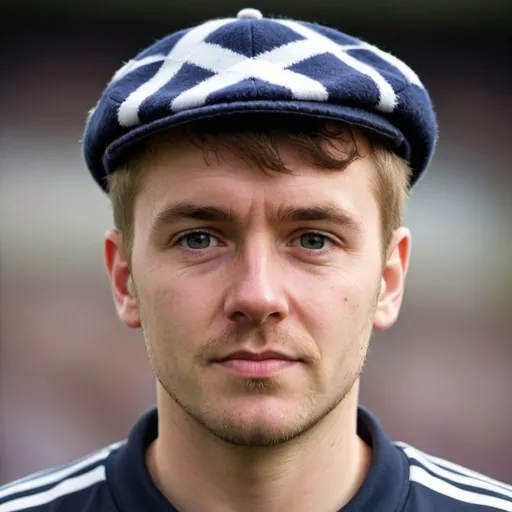 Prompt: Create a profile for social of a Scottish person, who likes football, has bushy hair and looks like someone from an under privileged background. Short hair and wearing a hat