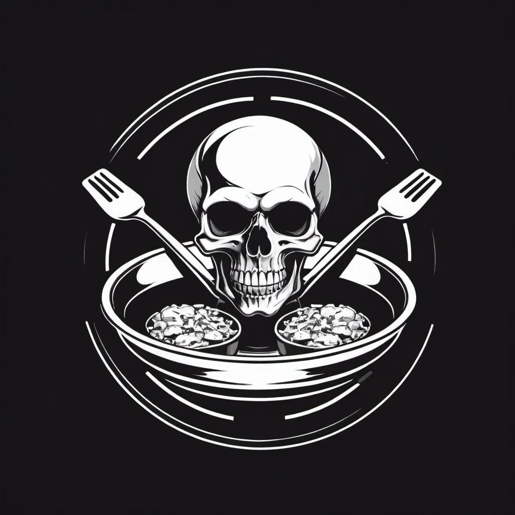 Prompt: a logo with a skull and 2 interlaced frypans