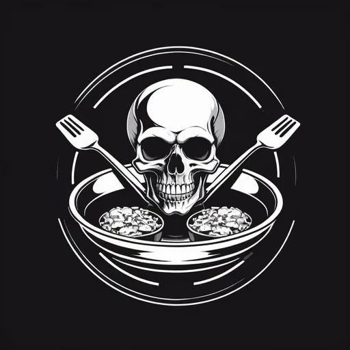 Prompt: a logo with a skull and 2 interlaced frypans