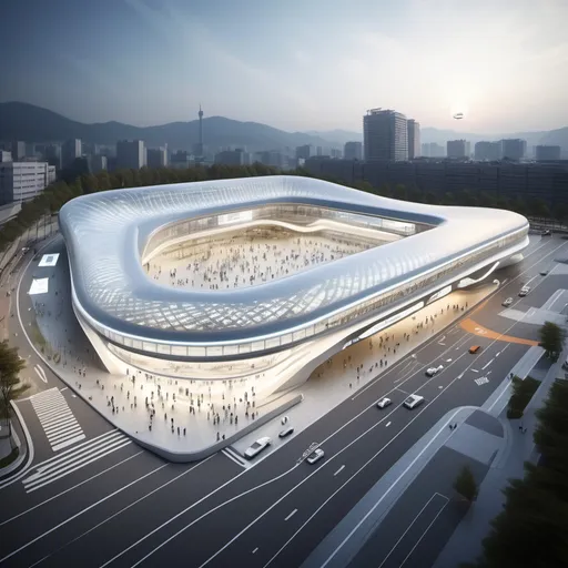 Prompt: Reimagining Gwangju Bus Terminal as the central hub of a future city. The design features minimalistic elements using straight lines and geometric architecture, with large transparent screens for information display and organic LED lighting systems to showcase the innovation of the digital age. The terminal integrates cutting-edge technologies such as drone delivery platforms, electric vehicle charging stations, and autonomous bus docking stations. The exterior is made of clean glass and metal, utilizing reflective surfaces to highlight an urban futuristic aesthetic, while the building operates on eco-friendly energy