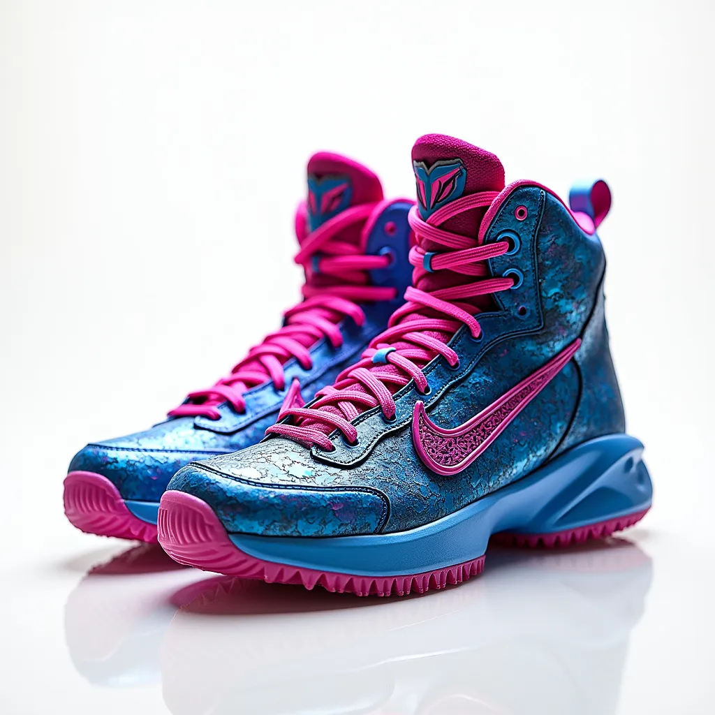 Prompt: neon pink and blue sneakers, intricate demonic, scary, beautiful, platemail armor, sleek iridescent details, designed by ridley scott alien. product photography, extremely detailed, studio lighting, white background, 35mm dslr, 