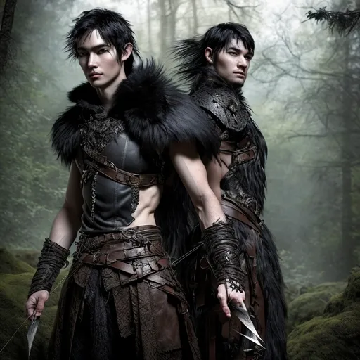 Prompt: A fantasy story cover with three characters: a 33-year-old attractive and well-preserved adult male explorer with short black hair, dark eyes, white skin, delicate scars, and age marks, standing 172 cm tall with a slender and agile build, wearing leather armor and carrying two sheathed daggers, a bow and arrows on his back. He is accompanied by a majestic magical black-furred dire wolf with piercing eyes, and a black raven. They are in the middle of a forest in a typical fantasy story cover pose.






