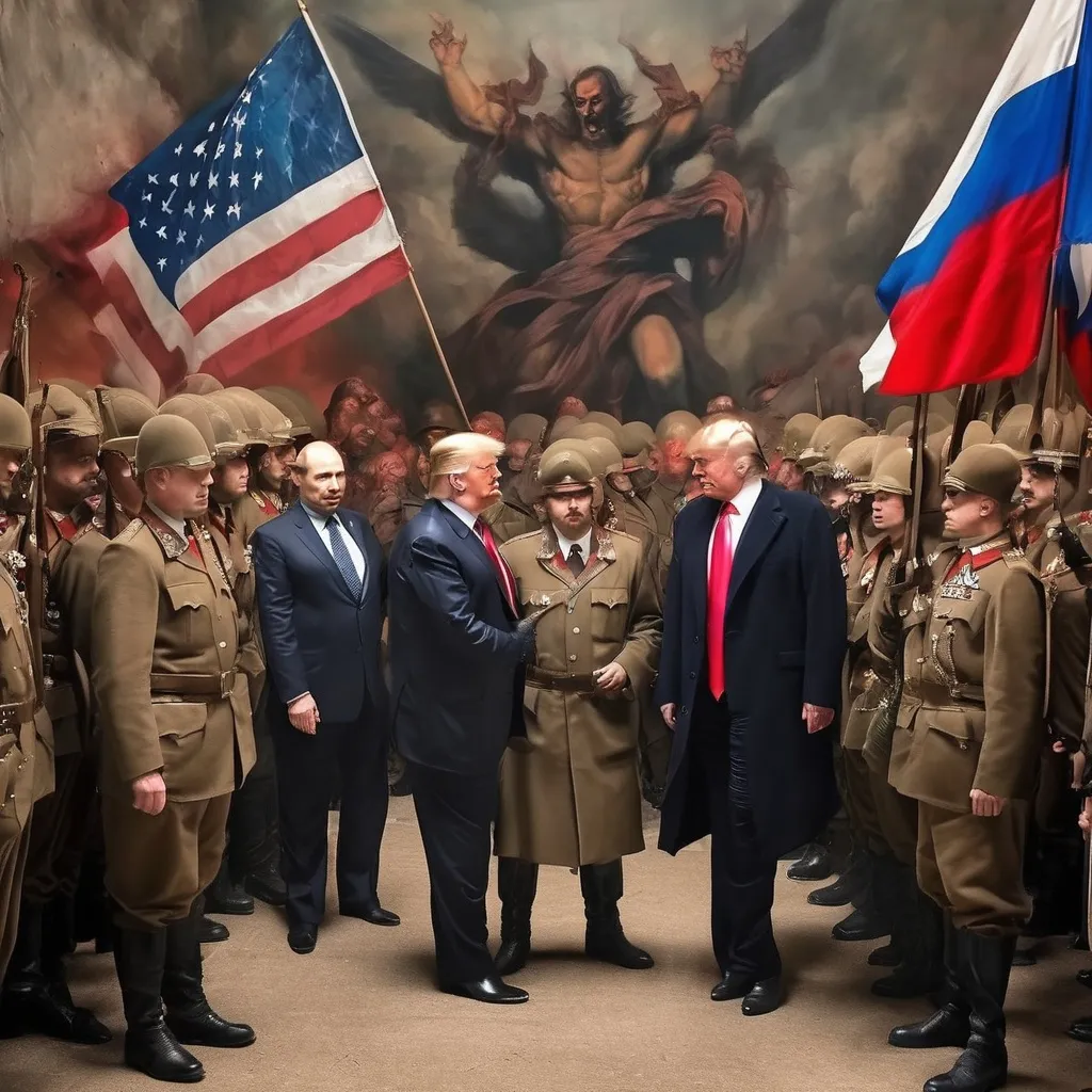 Prompt: Trump, hitler and putin are allied and they are stomping on youger people with their armies. We see the devil in the corner and jesus is dead in the other corner