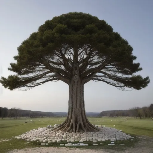 Prompt: The great white tree of peac is a white pine, representing peace and protection. Its roots stretch in four directions, inviting other nations to join in peace. Beneath it, weapons were buried to signify the end of hostilities An eagle atop The tree is a white pine, representing peace and protection. Its roots stretch in four directions, inviting other nations to join in peace. Beneath it, weapons were buried to signify the end of hostilities13. An eagle atop the tree serves as a guardian and messenger3. tree serves as a guardian and messenger3.