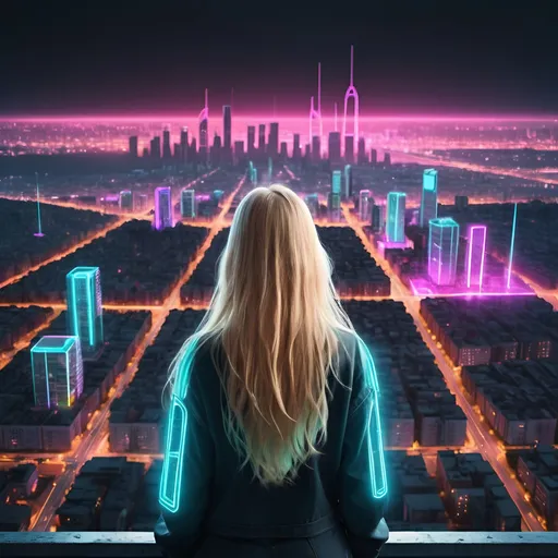 Prompt: huge neon technology city, from distance a young woman with long blond hair is facing the city looking at it 