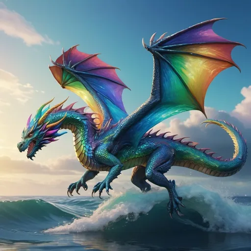 Prompt: rainbow colored dragon flying over ocean