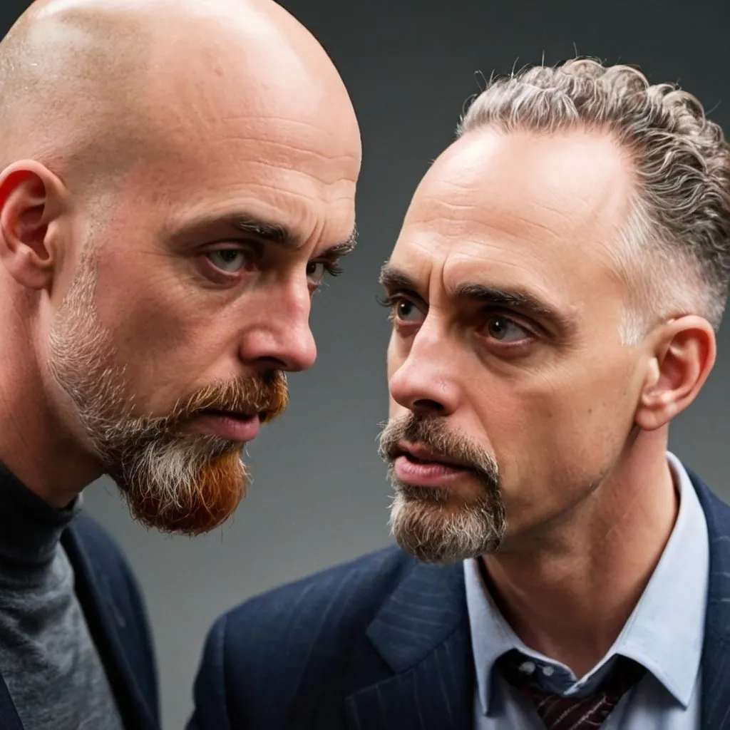 Prompt: an image of a bald man with a very short ginger beard receiving a life lesson from Jordan Peterson. 