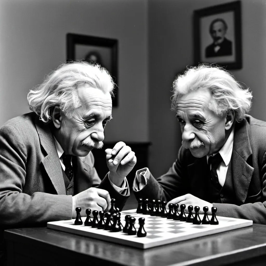 Prompt: Einstein und der Teufel spielen Schach. Einstein gibt auf.