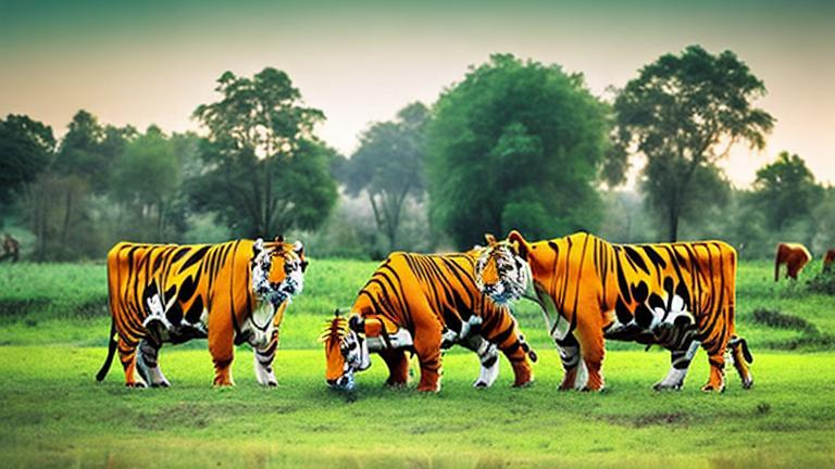 Prompt: Cows and tigers are talking in the field 