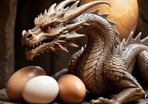 Prompt: Realistic illustration of a majestic dragon, warm earth tones, protective stance, detailed scales and textures, intense and watchful gaze, ancient and weathered eggs, high quality, detailed realism, dragon, eggs, protective, earthy tones, detailed scales, intense gaze, ancient, weathered, realistic style, lighting