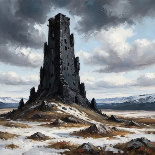 Prompt: An ancient monolithic castle tower made of a single seamless piece of polished black obsidian stone, towering over a cold and unforgiving tundra.

Forgotten and abandoned, yet preserved and unweathered. 