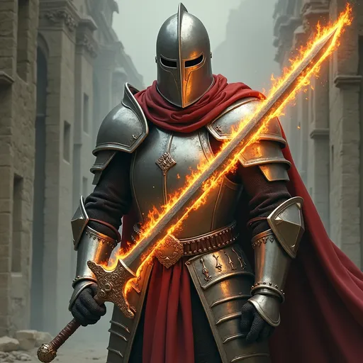 Prompt: grounded and realistic style.

A paladin in full plate armor.

holding a realistic sword with a flaming blade.