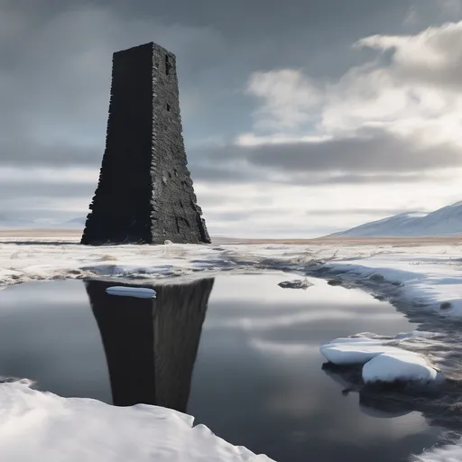 Prompt: An ancient monolithic castle tower made of a single seamless piece of polished black stone, towering over a cold and unforgiving tundra.

Forgotten and abandoned, yet preserved and unweathered. 